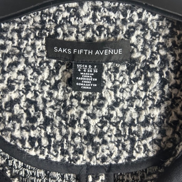 Saks Fifth Avenue Black White Tweed Collarless Zip Front Jacket Blazer‎ Womens 4 - Picture 3 of 8